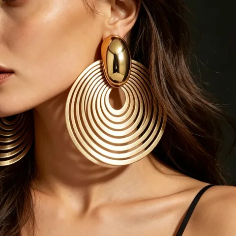 Retro Exaggerated Metal Circle Earrings And Choker Necklace Set Geometric Concentric Circles Jewelry For Women