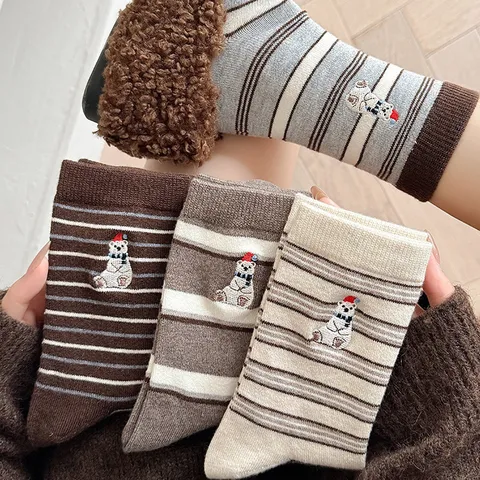 Women's Cute Polar Bear Embroidered Crew Socks Color Block Striped Japanese Retro Warm Casual Cotton Socks