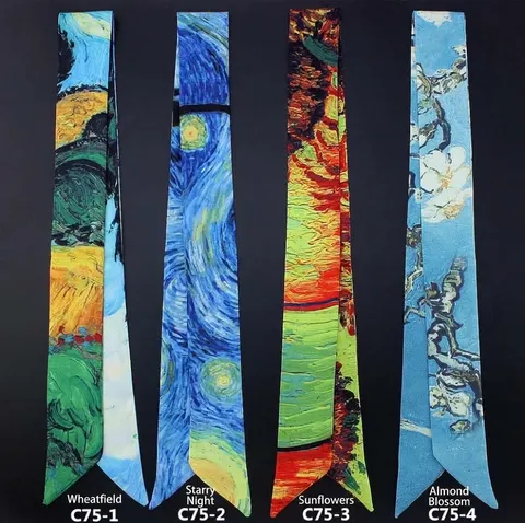Van Gogh Oil Painting Geometric Silk Scarf Fashion Literary Twilly Ribbon Bag Decoration Chic Hair Band Neckerchief For Women
