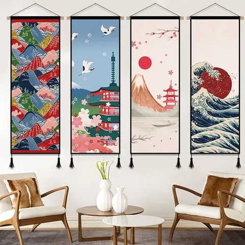 Tapisserie en Tissu Ukiyo-e Japonais Suspension Murale Impression d'Art Traditionnelle Décoration Murale pour Restaurant Bureau