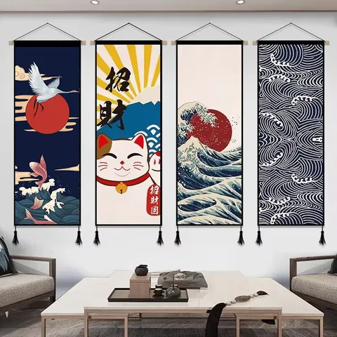 Tapisserie en Tissu Ukiyo-e Japonais Suspension Murale Impression d'Art Traditionnelle Décoration Murale pour Restaurant Bureau