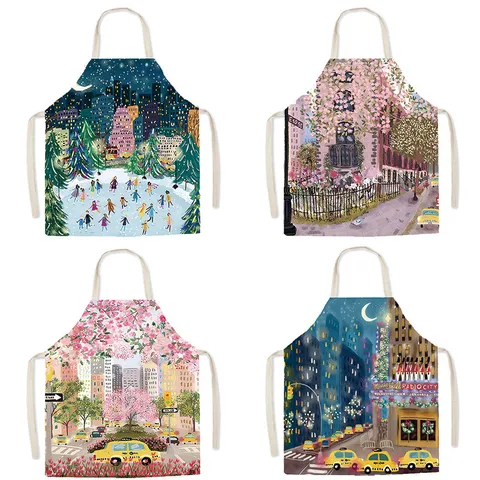 Tablier de Cuisine Domestique Imperméable Anti-Huile Mignon Paysage Urbain Imprimé Tablier Adulte Enfants Cuisine Nettoyage