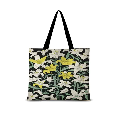 Décontracté Vintage Littéraire Lys Fleur Imprimé Toile Sac Bandoulière Sangle Noire Tote Bag Avec Fermeture Éclair Et Poche Intérieure