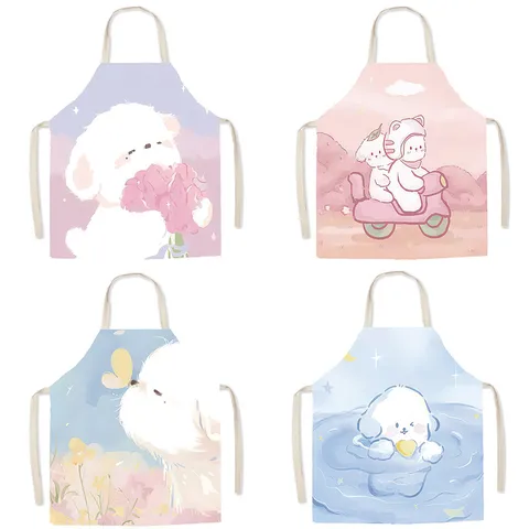 Cute Cartoon Dog Print Cotton Linen Apron Sleeveless Kitchen Cooking Bib Adult Child Home Cleaning Overalls