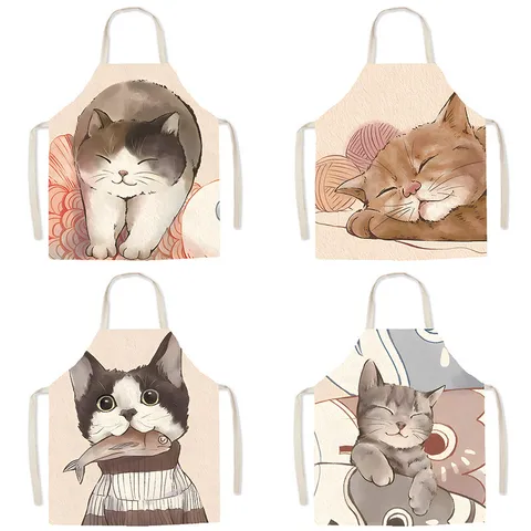 Delantal Sin Mangas Con Estampado De Gato De Dibujos Animados Lindo Cocina Cocinar Delantal De Poliéster Para Mujeres Niños Hornear Ropa De Trabajo