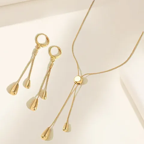 Long Tassel Necklace And Earrings Set For Women Fashion Heart Teardrop Pendant Electroplated Iron Jewelry Gift