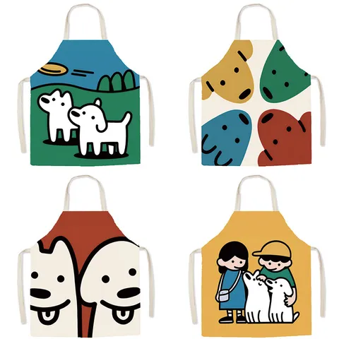 Delantal con Estampado de Perro Bonito de Dibujos Animados Nórdicos Adulto Niños Algodón Lino Cocina Cocina Antihuellas Sin Mangas