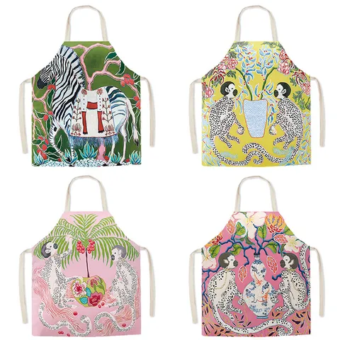 American Retro Animal Print Sleeveless Apron Household Kitchen Cooking Baking Anti-Stain Bib Overalls