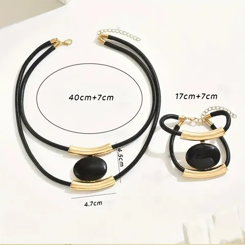 Retro Multi-Layer Necklace And Bracelet Set Alloy Black Acrylic Pendant Minimalist Fashion Jewelry For Women