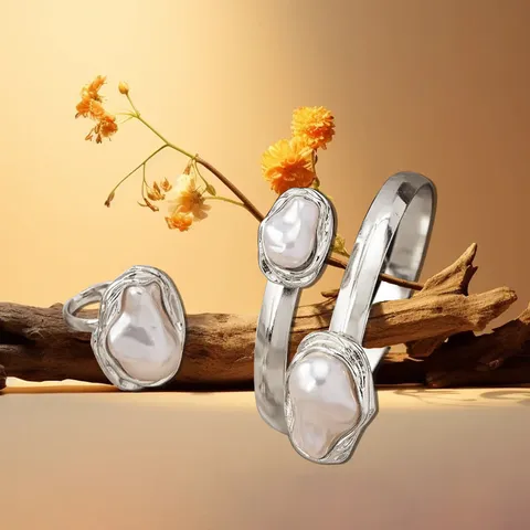 Retro Metal Irregular Baroque Artificial Pearl Bracelet And Ring Set Fashion Elegant Jewelry Gift For Women