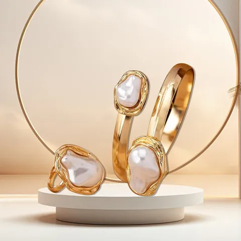 Retro Metal Irregular Baroque Artificial Pearl Bracelet And Ring Set Fashion Elegant Jewelry Gift For Women
