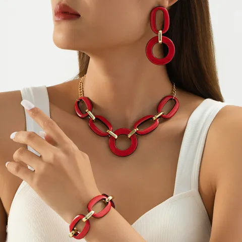 Retro Wood Grain Geometric Spliced Chain Jewelry Set Matte Red Resin Necklace Bracelet Earrings Fashion Jewelry Gift