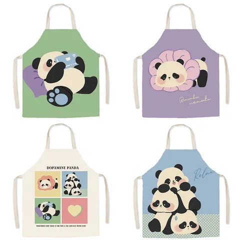 Tablier Sans Manches Mélange de Coton Imprimé Panda Mignon Dopamine Nordique pour Cuisine Maison
