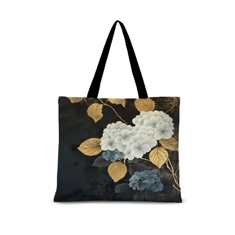 Rétro Nouveau Style Chinois Lin Toile Sac Bandoulière Femmes Noir Or Hortensia Impression Cabas Décontracté Grande Capacité Sac à Main