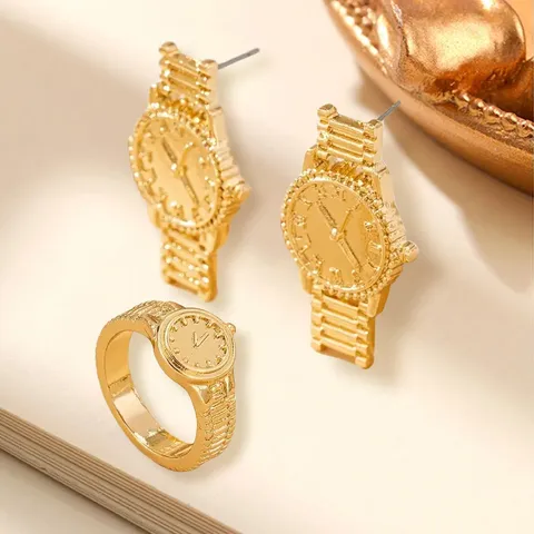 Zinc Alloy Quartz Watch Shape Jewelry Set Earrings Ring Gold Silver Plated Fashion Party Jewelry For Women