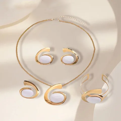 Exaggerated Spiral Snail Jewelry Set Iron Alloy Oval Stone Earrings Necklace Bracelet Ring Fashion Women Jewelry