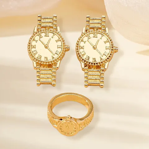 Zinc Alloy Quartz Watch Shape Jewelry Set Earrings Ring Gold Silver Plated Fashion Party Jewelry For Women