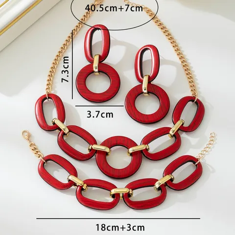 Retro Wood Grain Geometric Spliced Chain Jewelry Set Matte Red Resin Necklace Bracelet Earrings Fashion Jewelry Gift