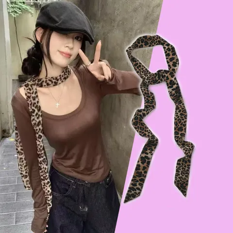 Vintage Luipaardprint Satijnen Sjaal Lange Smalle Hals Sjaal Mode Chique Halsdoek Haarband Tas Accessoire Voor Vrouwen