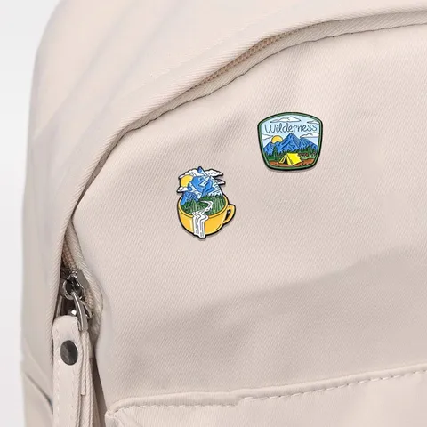Outdoor Camping Enamel Brooch Alloy Cartoon Landscape Mountain Tent Coffee Cup Nature Badge Pins Fashion Jewelry Gift