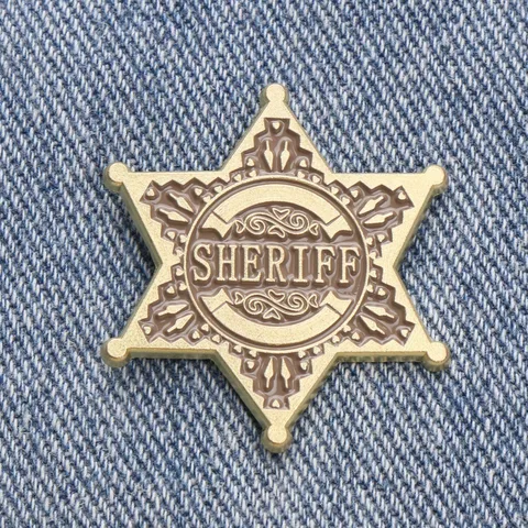 Retro Western Star Metal Sheriff Badge Brooch Gold Painted Six-Pointed Star Pin For Leather Jacket Outerwear Accessory