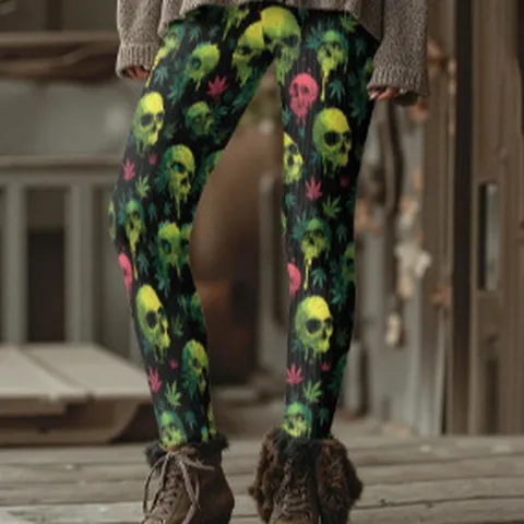 Leggings da Donna a Vita Alta con Stampa Teschio e Rosa Pantaloni da Yoga Gotici Elastici Slim Fit Fashion Sport