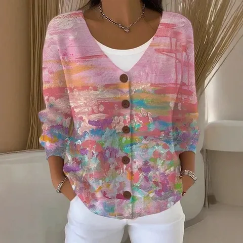 Dames V-hals Cardigan Met Knopen 3D Geprint Lange Mouwen Casual Los Gebreide Jas Jas Herfst Winter Mode Tops