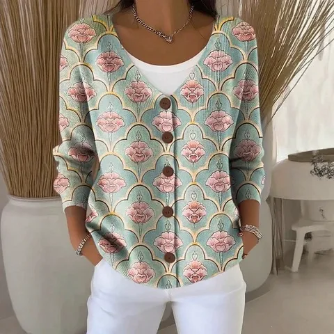 Dames V-hals Cardigan Trui Met Knoppen Polyester 3D Bedrukt Losse Lange Mouw Gebreide Jas Casual Top Voor Herfst Winter