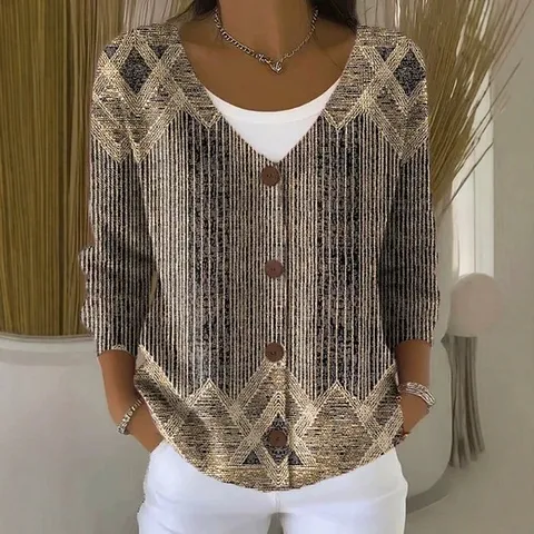 Damen Casual V-Ausschnitt Knöpfe Cardigan Jacke Polyester Bedruckt Langarm Locker Sweatshirt Top Für Herbst Winter
