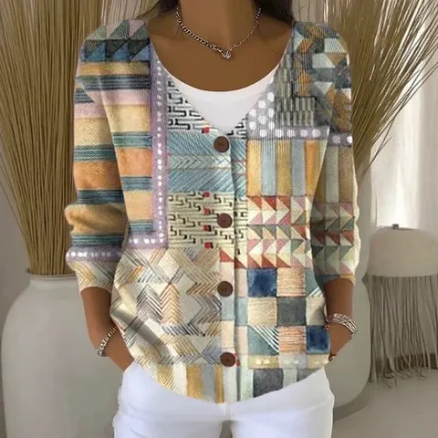 Damen Casual V-Ausschnitt Knöpfe Cardigan Jacke Polyester Bedruckt Langarm Locker Sweatshirt Top Für Herbst Winter