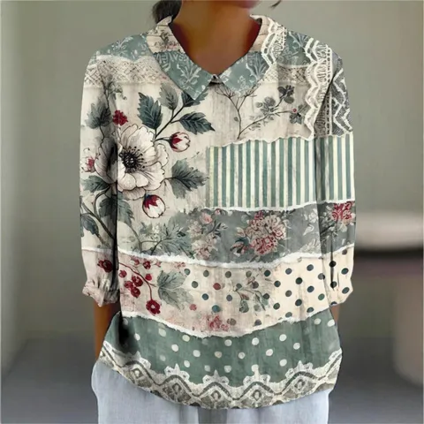 Women Retro 3D Digital Print Lapel Long Sleeve Shirt Casual Polyester Blouse Top Colorful Creative Patchwork Fashion Clothes