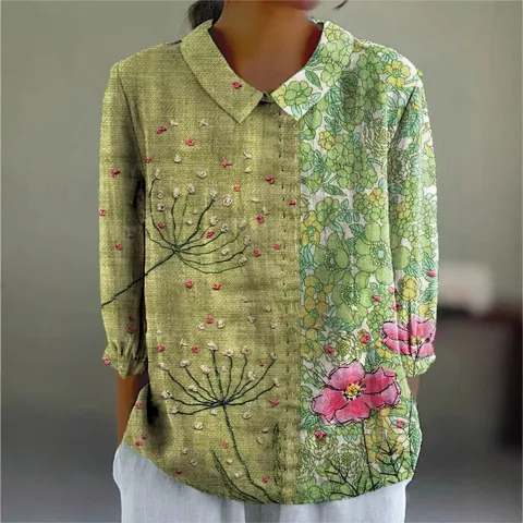 Damen Vintage 3D Digitaldruck Langarmshirt Elasthan Bubble Crepe Lässige Revers Bluse Retro Blumenmuster Top