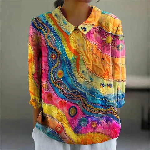 Top da Donna con Stampa Digitale 3D a Manica Lunga con Revers in Poliestere Maglia Casual Stile Retrò Primavera Autunno