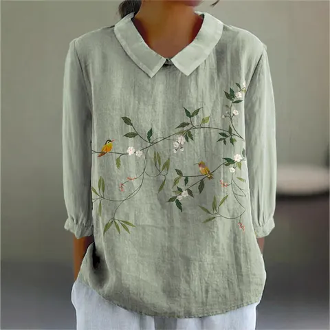 Damen Vintage 3D Digitaldruck Langarmshirt Elasthan Bubble Crepe Lässige Revers Bluse Retro Blumenmuster Top