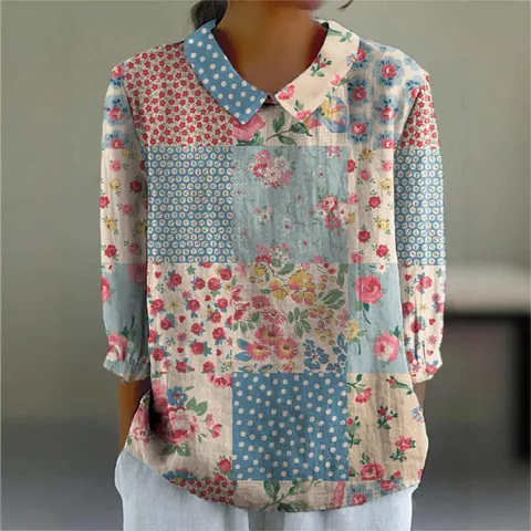Damen 3D Digitaldruck Langarm Revers Top Vintage Blumen Patchwork Karo Bubble Crepe Casual Bluse Retro Stil Hemd