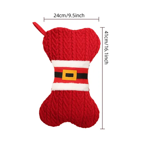Cable Knit Bone Shaped Christmas Stocking Santa Belt Buckle Large Festive Pet Gift Bag Holiday Mantel Tree Decoration