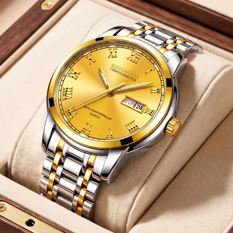 Men Quartz Watch Waterproof Luminous Dual Calendar Business Casual Stainless Steel Leather Strap Roman Numerals 3ATM