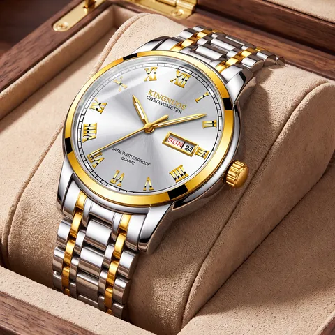 Men Quartz Watch Waterproof Luminous Dual Calendar Business Casual Stainless Steel Leather Strap Roman Numerals 3ATM