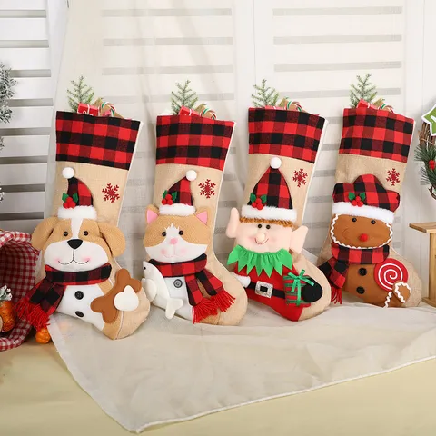 Buffalo Plaid Christmas Stockings Burlap Santa Snowman Reindeer Penguin Gingerbread Man 3D Character Hanging Gift Bag For Fireplace Christmas Tree Holiday Decoration