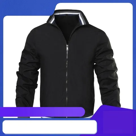 Chaqueta Bomber Casual para Hombre Color Sólido Cuello Alto Cortavientos con Cremallera Chaqueta Coach con Puños de Canalé a Rayas