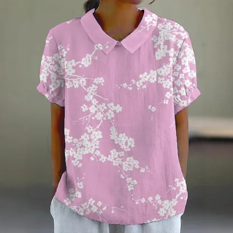 Damen Casual Viskose Hemd Kurzarm Vintage Floral Meeresdruck Locker Sommer Bluse Top Mit Hemdkragen