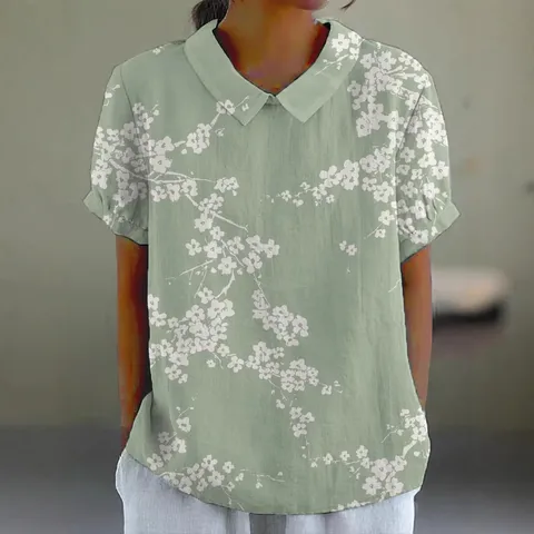 Damen Casual Viskose Hemd Kurzarm Vintage Floral Meeresdruck Locker Sommer Bluse Top Mit Hemdkragen