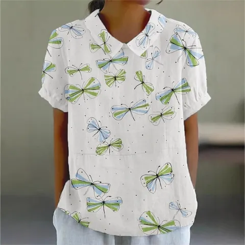T-Shirt à Revers Pour Femme En Élasthanne Imprimé Floral Numérique Manches Courtes Coupe Décontractée Haut Style Polo