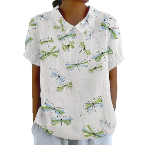 T-Shirt à Revers Pour Femme En Élasthanne Imprimé Floral Numérique Manches Courtes Coupe Décontractée Haut Style Polo