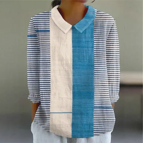 Women Vintage Digital Print Seersucker Blouse Casual Long Sleeve Lapel Top Retro Geometric Patchwork Printed Shirt For Women