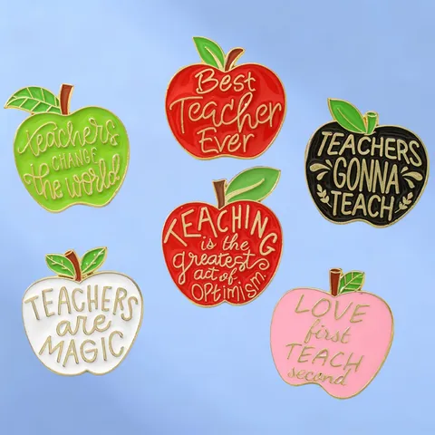 Apple Shaped Alloy Enamel Brooch Teacher Appreciation Gift Best Teacher Ever Motto Badge Student Gratitude Memorial Pin
