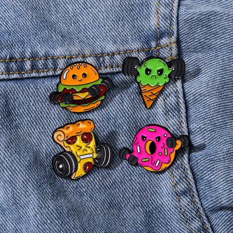 Funny Fitness Food Enamel Brooch Pin Cartoon Alloy Donut Ice Cream Pizza Burger Badge For Backpack Clothes Jewelry Gift