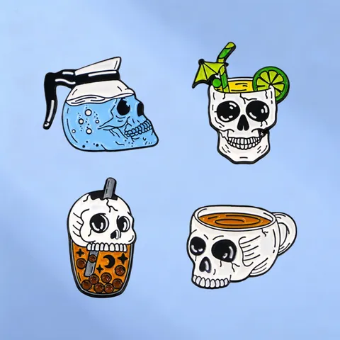 Juego de Pines de Esmalte de Bebida de Esqueleto Aleación Cráneo Cafetera Cóctel Té de Burbujas Broche para Mochila Ropa