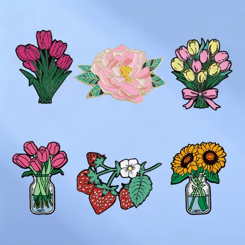 Flower Enamel Pin Brooch Alloy Tulip Peony Sunflower Strawberry Badge For Clothing Backpack Decoration Daily Accessory Gift For Women Men