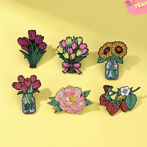Flower Enamel Pin Brooch Alloy Tulip Peony Sunflower Strawberry Badge For Clothing Backpack Decoration Daily Accessory Gift For Women Men